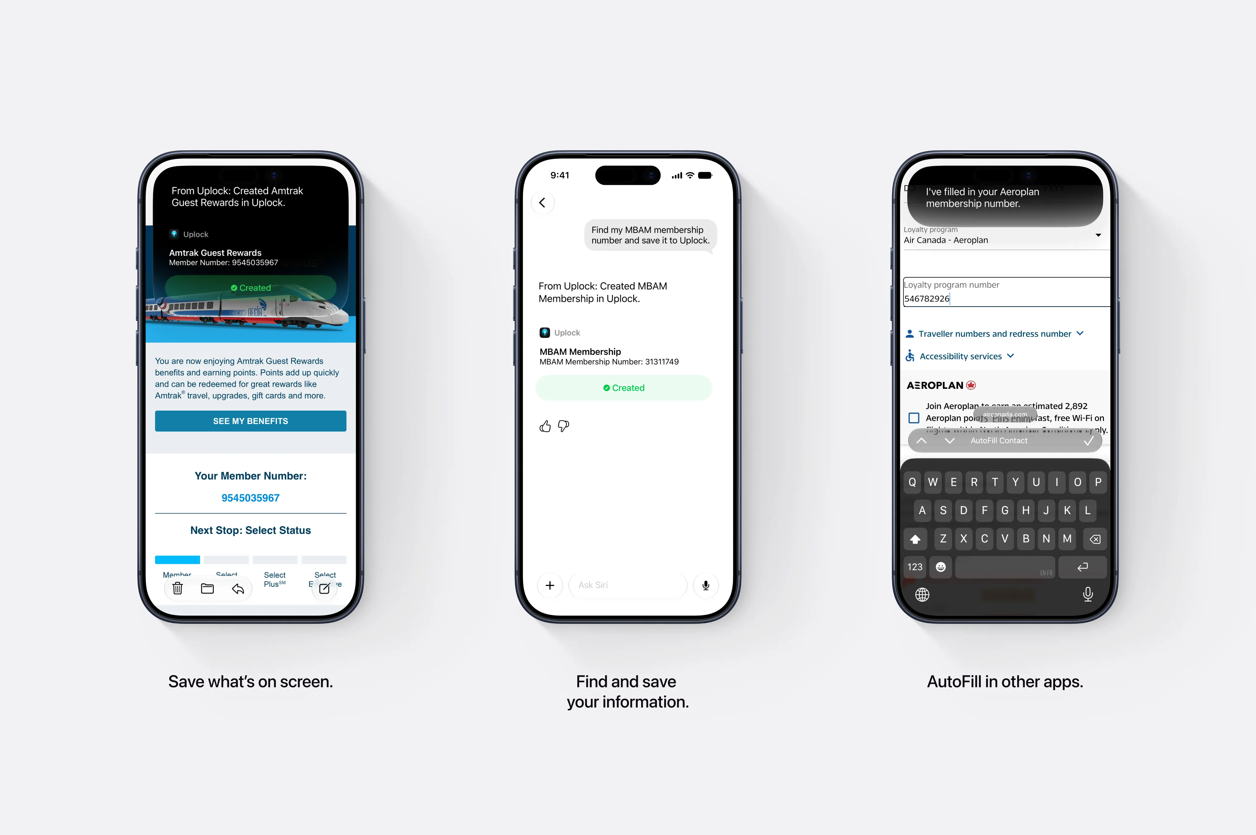 Three examples of using Siri with Uplock: saving what is on screen, finding and saving information, and AutoFill in other apps.