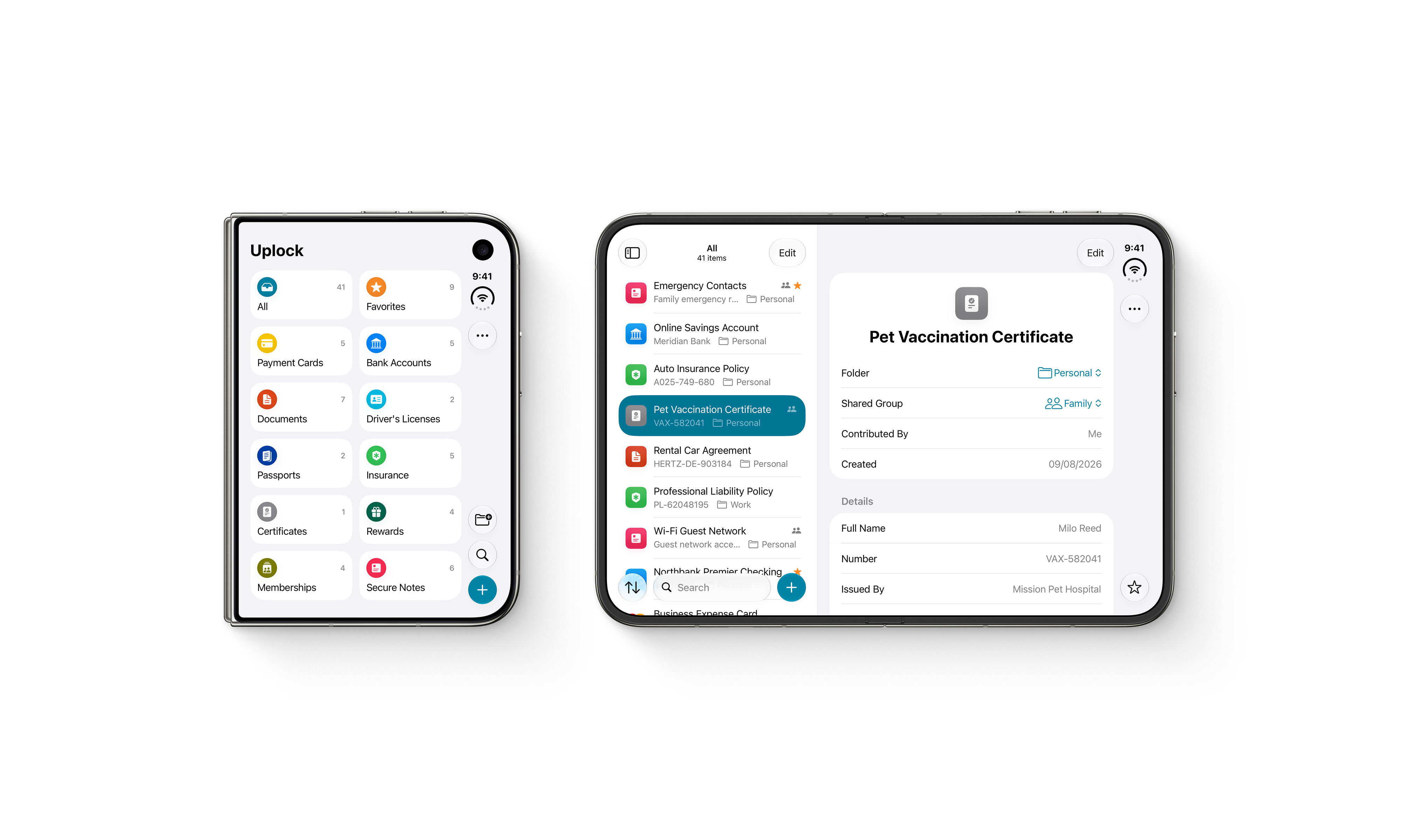 Uplock on iPhone Duo, shown closed and open with items and details side by side.