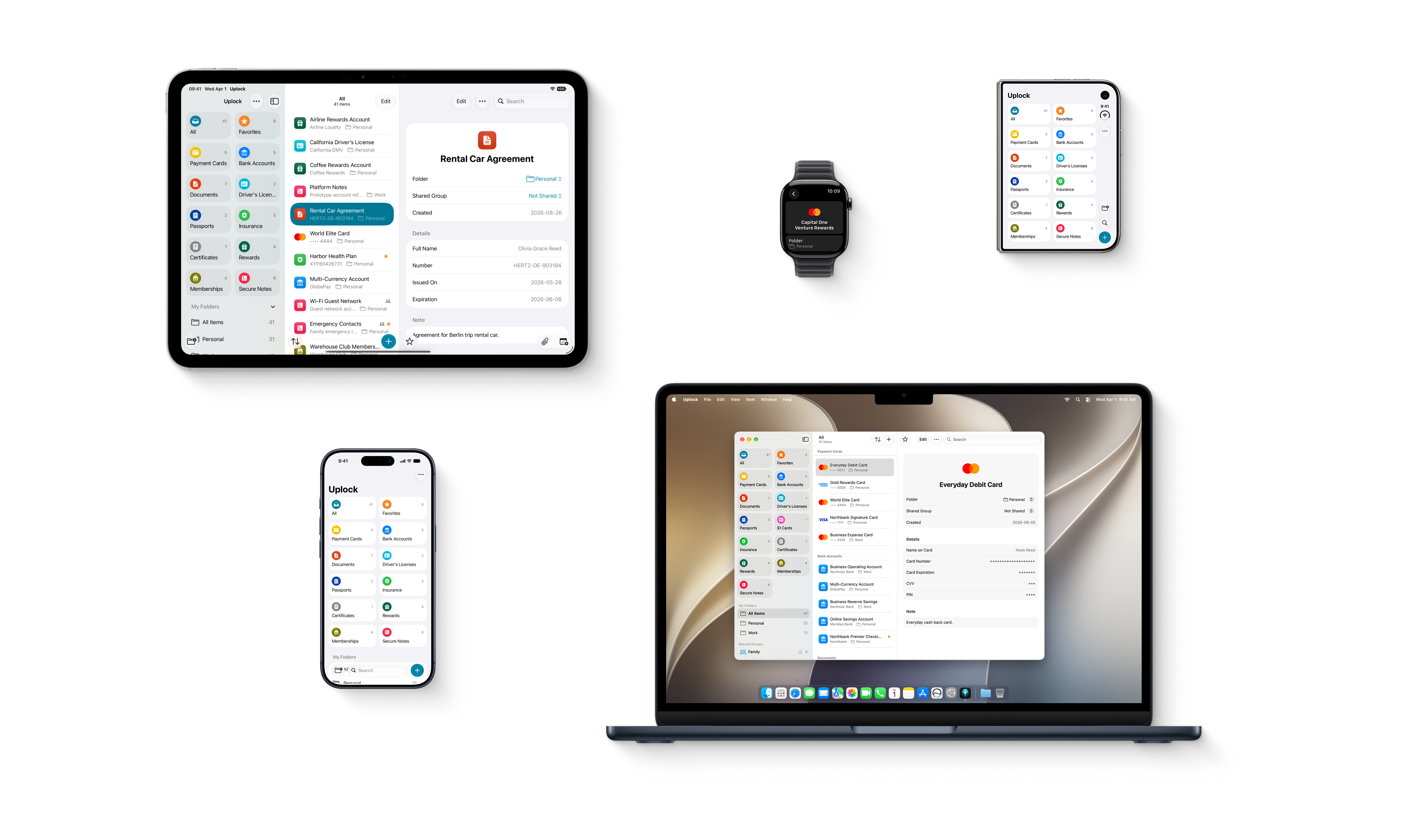 Uplock running on iPad, Apple Watch, iPhone Duo, iPhone, and Mac.